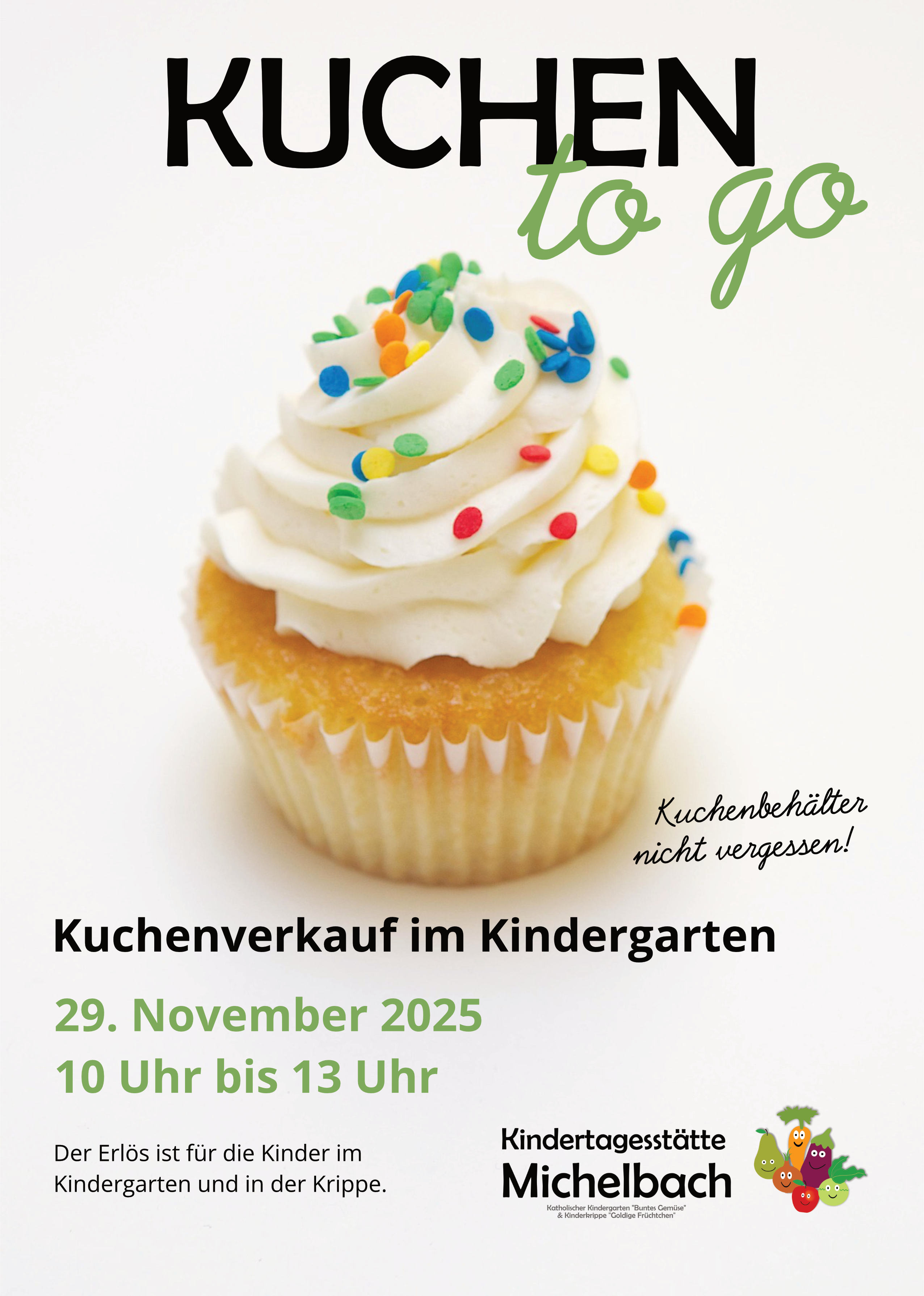 Kuchenverkauf im Kindergarten am 29. November 2025 10 Uhr bis 13 Uhr. Kuchenbehälter nicht vergessen. Der Erlös ist für die Kinder im Kindergarten und in der Krippe. 